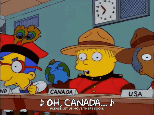 Cartoon Characters Sitting at Table Canada USA Signs