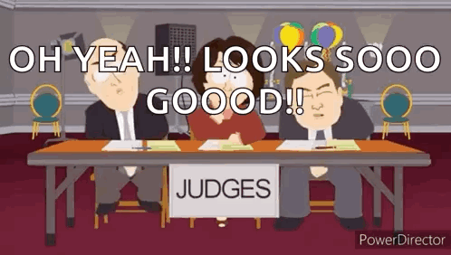 Cartoon Characters Sitting at Table With Judges Sign
