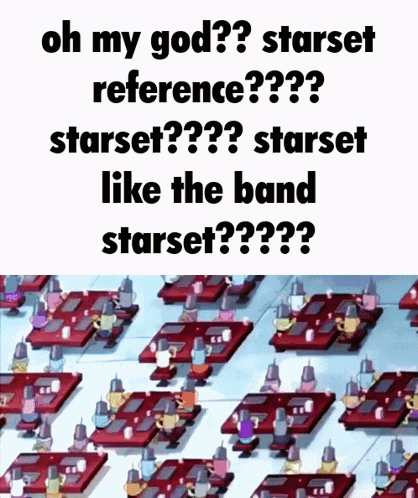 Cartoon Characters Sitting at Tables Oh My God Starset Reference