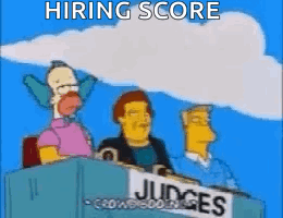 Cartoon Characters Sitting in Front of Hiring Score Sign