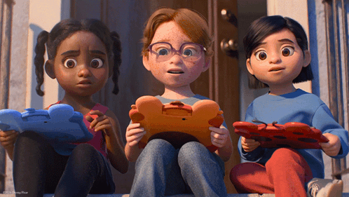 Cartoon Characters Sitting on Porch Looking at Tablet