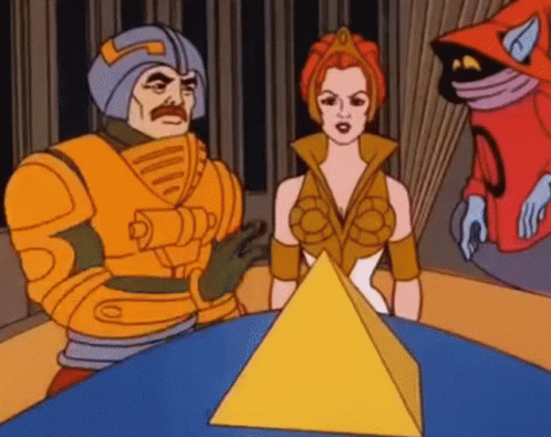 Cartoon Characters Standing Around Table with Pyramid
