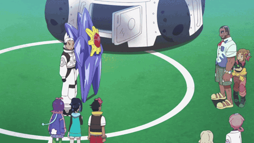 Cartoon Characters Standing in Circle in Front of Blue and White Object