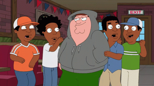 Cartoon Characters Standing In Front Of Exit Sign GIF