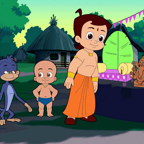 Cartoon Characters Standing in Front of Thatch Hut