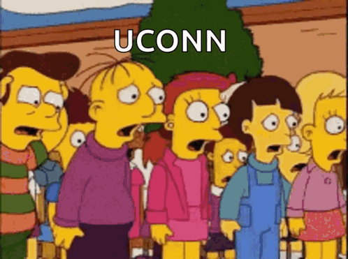 Cartoon Characters Standing in Front of UConn Sign