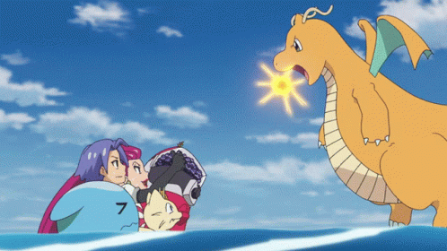 Cartoon Characters Standing in Water With Flying Dragon
