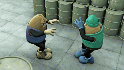 Cartoon Characters Standing Next to Barrels