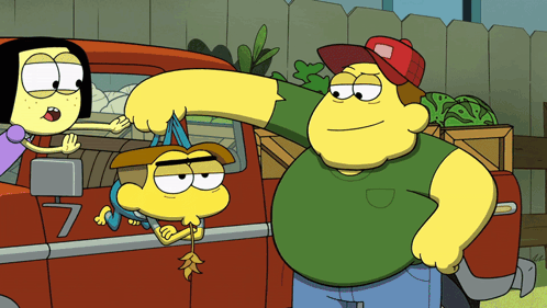 Cartoon Characters Standing Next to Red Truck With Number 7