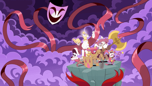 Cartoon Characters Standing on Rock Purple Background