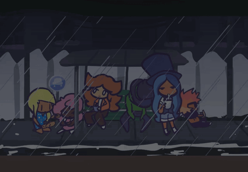 Cartoon Characters Under Bus Stop in Rain