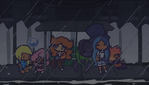 Cartoon Characters Under Bus Stop Shelter in Rain