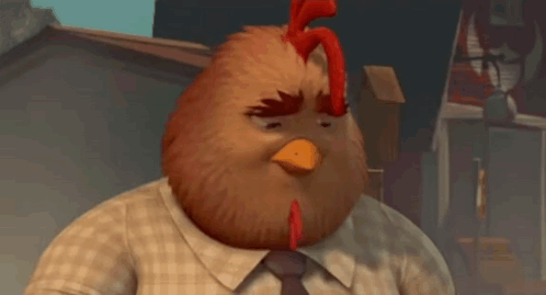 Cartoon Chicken in Suit and Tie Holding Bottle