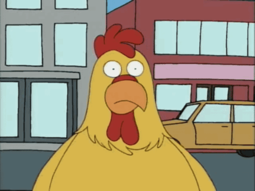 Cartoon Chicken Standing in Front of Buildings