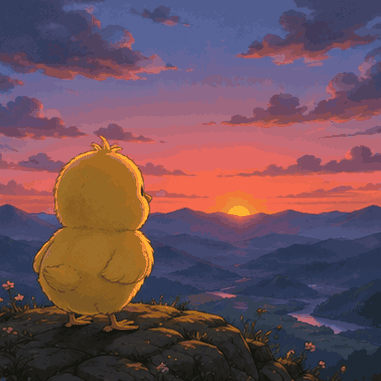 Cartoon Chicken Watching Sunset Over Mountains GIF