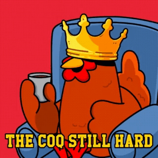 Cartoon Chicken Wearing Crown Holding Coffee GIF