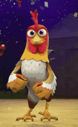 Cartoon Chicken With Big Eyes and Red Crest Dancing