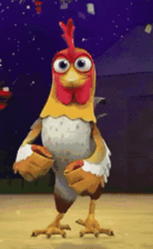 Cartoon Chicken With Big Eyes and Red Crest Standing on Wooden Floor