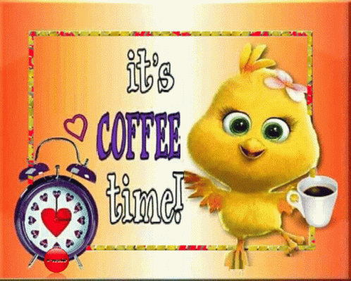 Cartoon Chicken With Coffee, Alarm Clock Saying It's Coffee Time GIF