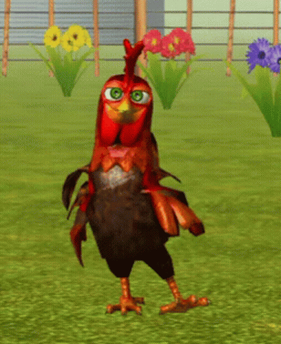 Cartoon Chicken With Green Eyes in Grassy Field