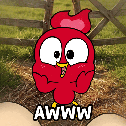 Cartoon Chicken with Heart on Head Saying Awww