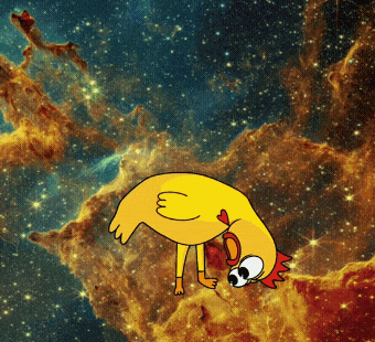 Cartoon Chicken With Red Crest in Front of Galaxy