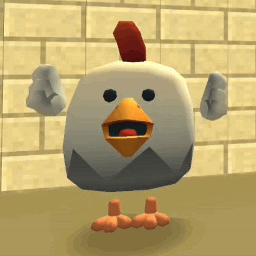 Cartoon Chicken With Red Feather In Front Of Brick Wall GIF