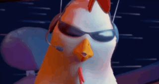 Cartoon Chicken with Sunglasses and Headphones Looking at Camera