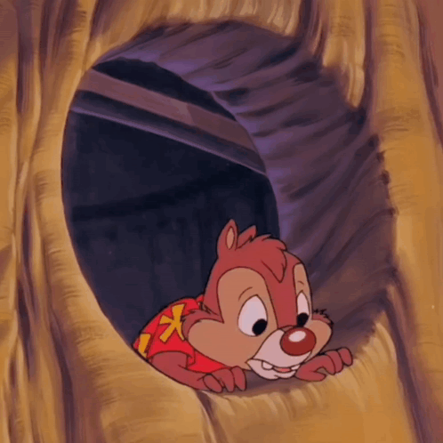 Cartoon Chipmunk in Red X Shirt Peeking Out of Tree Hole
