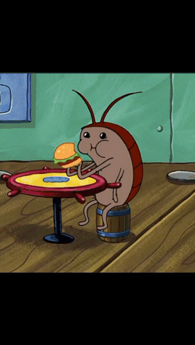 Cartoon Cockroach Sitting at Table with Hamburger