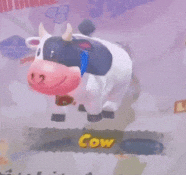 Cartoon Cow with Blue Collar and Sign Saying Cow