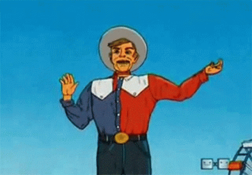 Cartoon Cowboy Arms Outstretched Blue Sky