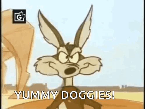 Cartoon Coyote Standing In Desert Saying Yummy Doggies GIF