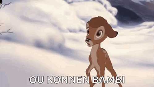 Cartoon Deer in Snow Saying Ou Konnen Bambi