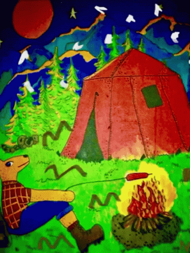 Cartoon Deer Roasting Sausage Over Campfire by Tent