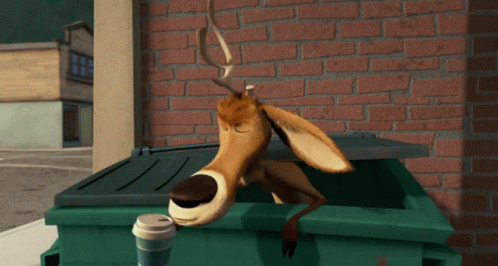 Cartoon Deer Sticking Head Out of Green Trash Can