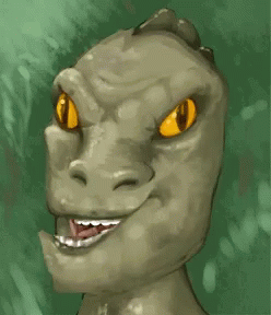 Cartoon Dinosaur Face with Yellow Eyes