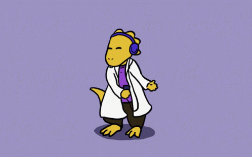 Cartoon Dinosaur With Headphones And Lab Coat GIF
