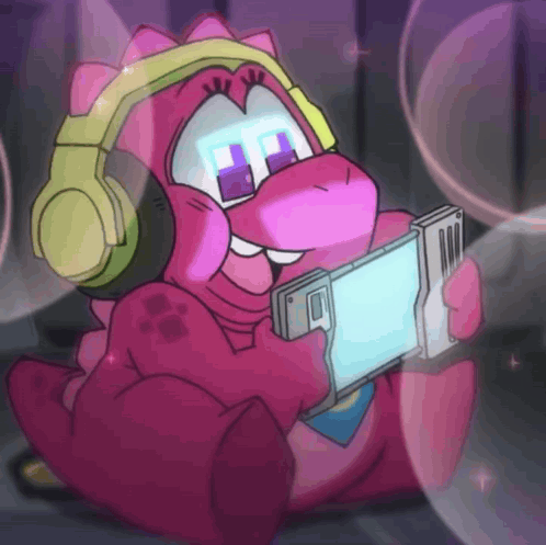 Cartoon Dinosaur With Headphones Holding Video Game