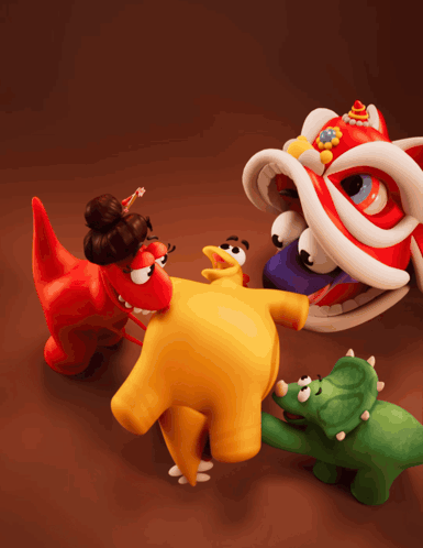 Cartoon Dinosaurs Standing Around Lion GIF