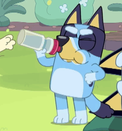 Cartoon Dog Drinking From Bottle in Grass
