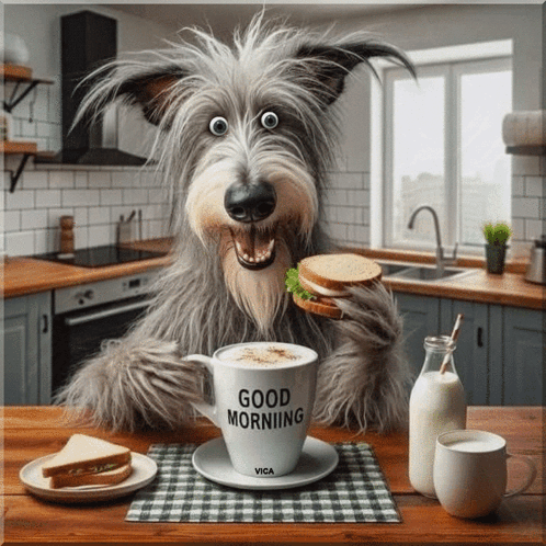 Cartoon Dog Eating Sandwich And Drinking Coffee GIF