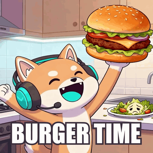 Cartoon Dog Headphones Holding Hamburger Saying Burger Time