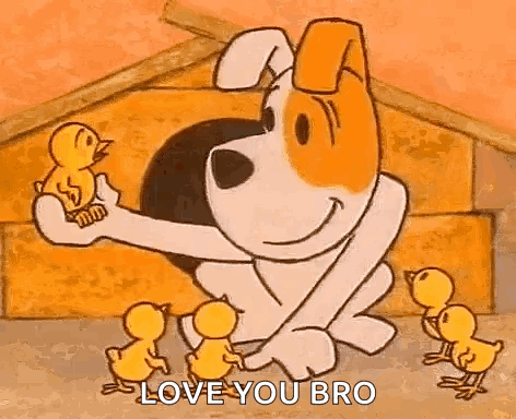 Cartoon Dog Holding Duck With Three Ducklings GIF