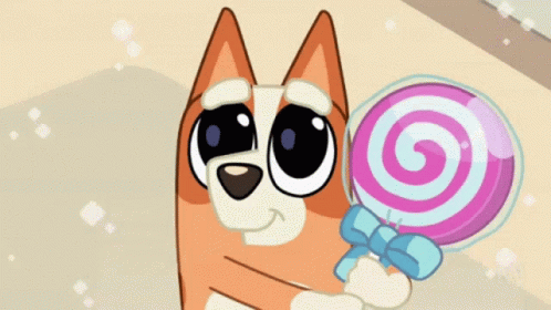 Cartoon Dog Holding Pink and White Lollipop With Blue Bow
