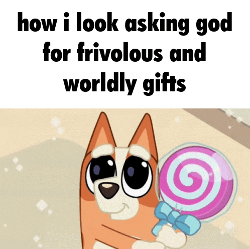 Cartoon Dog Holding Pink Lollipop Asking God