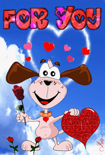 Cartoon Dog Holding Rose and Heart For You