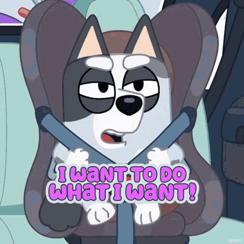 Cartoon Dog in Car Seat Says I Want to Do What I Want