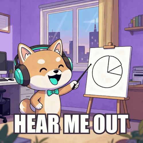 Cartoon Dog In Headphones And Bow Tie Pointing At Pie Chart Saying Hear Me Out GIF