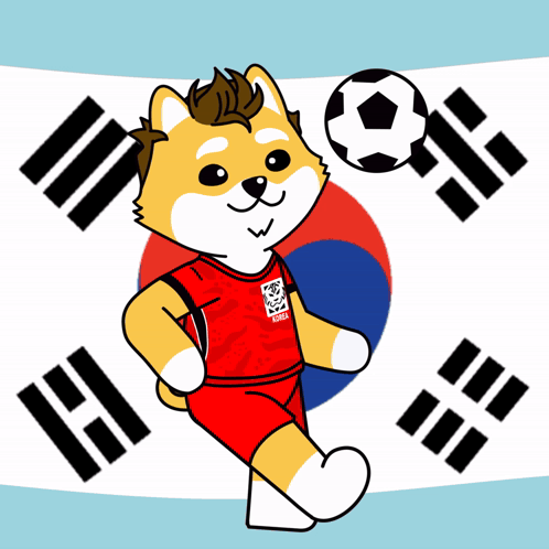 Cartoon Dog in Korea Jersey Holding Soccer Ball With Korean Flag